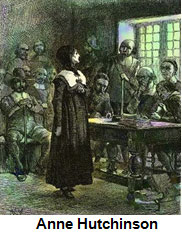 Image of Anne Hutchinson standing before a group of men at a desk