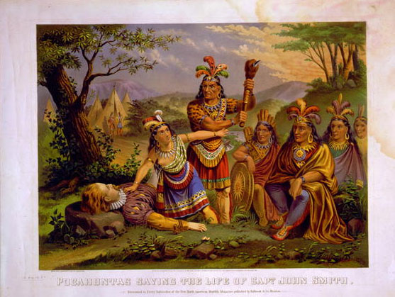 Scene of Pocahontas saving John Smith's life from an American Indian poised to behead him.