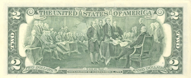 Image of the back of the US two dollar bill 