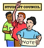 A graphic of three students standing in front of a student council sign. One student is holding a sign saying vote