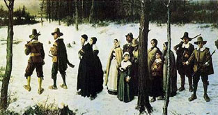 A painting of a group of pilgrims on a snowy path in a forest walking towards a building in the horizon