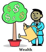 A man in a blue suit watering a tree with dollar signs on the leaves.