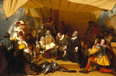 A painting of a group of men and women in a tent kneeling in prayer. All of them are looking at a man in the middle in a brown robe with his hands outstretched.