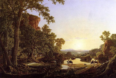 A painting of  a clearing in the forest in which a man in leads two others on horseback down a path.