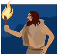 A graphic of a cave man with long brown hair and a beard wearing an animal skin holding a torch.