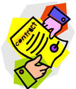 A graphic of two hands holding a piece paper labeled "contract"