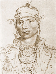 A pencil sketch of Alexander McGillivray, a Native American wearing a headband, long earrings, a naval coat, and a crescent necklace.