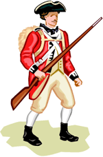 Clipart of a revolutionary era British soldier, with red coat, tri-corner black hat, and holding a long rifle.