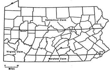 An outline map of Pennsylvania, showing its counties, and divided by the claims of different states in the late 18th century.