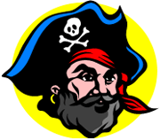 Clipart of the face of a pirate, with a grey beard, red bandana, and a black hat with the skull and crossbones on it.
