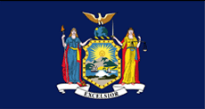 The flag of the State of New York, a dark blue flag with a coat of arms and the word Excelsior on the bottom.