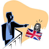 Silhouetted male witness on the stand pointing to a black and white sketch of a head of a man with a long, curly wig seated behind a British flag.