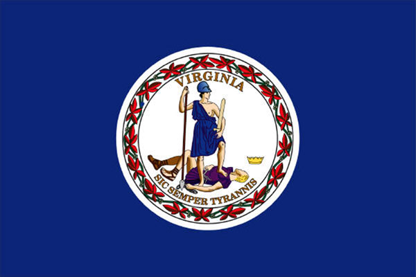 A blue flag with a white circle in the center. Around the circle are red and green leaves with a person in a blue toga standing on a body with a crown knocked off its head. It reads 'Virginia Sic Semper Tyrannis' 