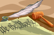 A piece of parchment with 'We the People' written on it next to a gavel and quill pen