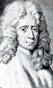 A black and white painting of man with long curly hair.