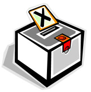 A white ballot box with a paper with an 