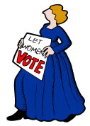 A woman in a blue dress holding a sign reading 'Let women vote'