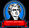 A drawing of the head of a man with curly hair in front of a blue oval with the caption Thomas Jefferson