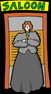 A woman in a gray dress standing with her arms folded barring the entrance to a saloon.
