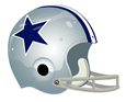 A silver football helmet with a blue star logo