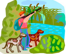 A graphic of a man in a a red shirt and cap, standing next to a stream, and pointing a rifle up to the sky with two brown dogs at his feet