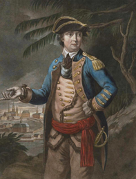 A portrait of a Benedict Arnold, a middle aged man wearing a blue and gold colonial military uniform with a red sash, sword in his hilt, and a tri-corner hat standing in front of an evergreen tree.