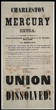 A faded newspaper clipping from 1860 reading 'The Union is Dissolved'