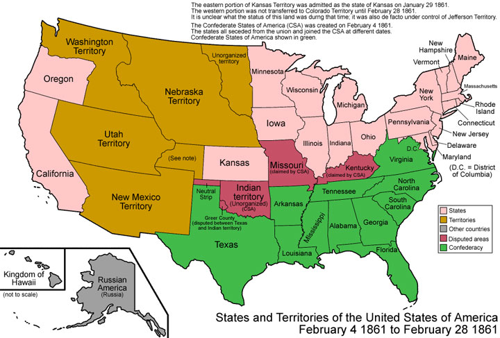 A map of the U.S. from 1861. The Confederate states are shaded in green and the Union states are in pink.