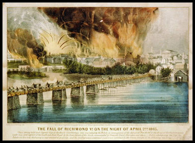 Wagon trains fleeing a burning city with the caption 'The fall of Richmond'