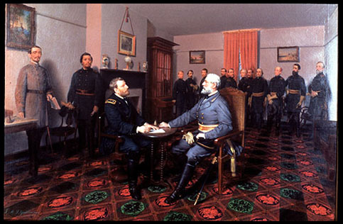 Grant and Lee, in blue and grey uniforms respectively, facing each other on a table in a living room while Union officers look on