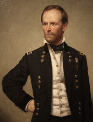 The portrait of a slender man with parted brown hair and a closely trimmed beard wearing a blue military uniform with brass buttons down both sides of his jacket's lapel