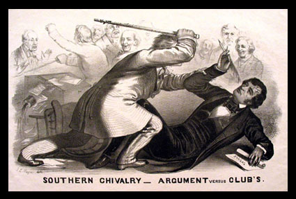 A political cartoon of a man in a cape attacking a suited man with a cane. The caption reads 'Southern Chivalry Argument versus Club's'