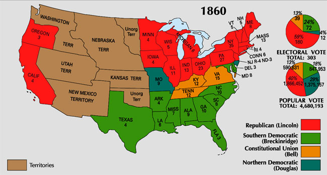A map of the U.S. showing the electoral vote of the 1860 Election