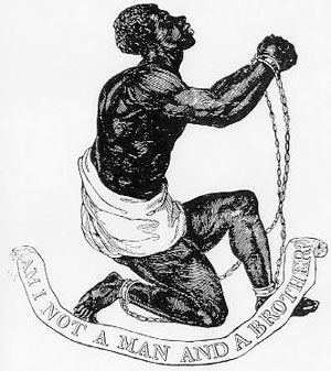 A picture of a chained, kneeling slave wrapped in a white cloth with a caption reading, "Am I not a man and a brother"