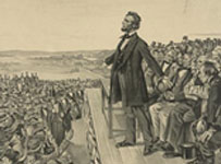 A drawing in an old newspaper of Lincoln, a tall man in a black suit with a beard, standing on a stage talking to a crowd with his arms outstretched.