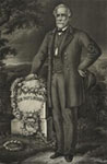 A black an white drawing of a somber man with a gray beard standing next to a tombstone labeled "Gen. Tho. J. Jackson"