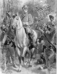 A black and white drawing of a stately man on horseback being cheered by men in uniform.