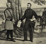 A black and white sketch of two men in military uniform about to shake hands standing in front of a tree.