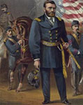 A brown bearded man in a blue military uniform standing in from of a horse and American flag.