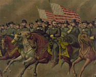 A group of blue-uniformed military officers on horseback in front of American flags led by Grant, a man with a brown beard.