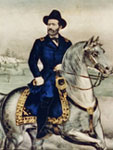 A brown bearded man in a blue military uniform sitting on a white horse looked out to the left.