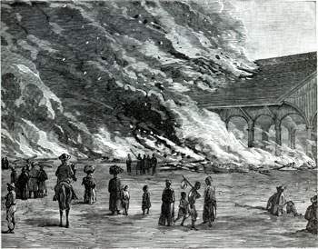 Soldiers burning a railroad station while civilians look on