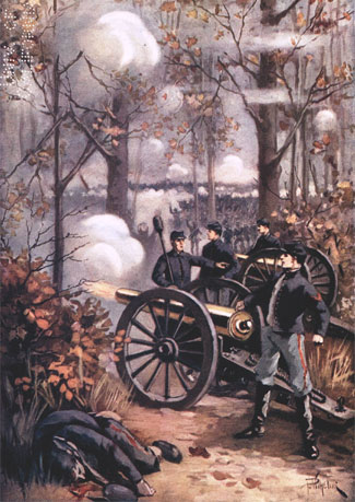 A group of blue uniformed men firing a cannon in a clearing in the woods.