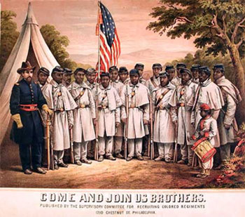 A picture of a white man in a blue officer's military uniform standing next to group of African American men in gray uniforms with blue caps holding rifles and carrying an American flag. The caption of the picture says, 'Come and Join Us Brothers'