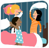 A graphic of three young girls laughing and standing around a bed holding pillows as in a pillow fight