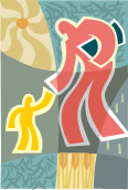 A graphic of a cartoonish man colored in red bending over to extend a helping hand to a smaller man colored in yellow