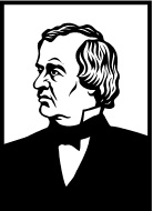 A black and white drawing of Andrew Johnson, a man in a suit