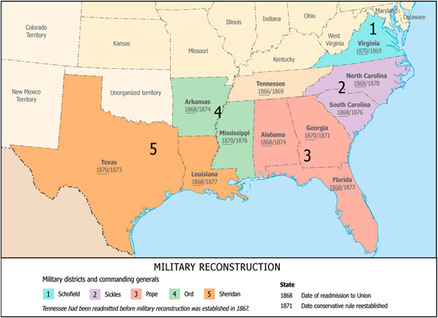 A map of the old Confederacy divided into five military districts
