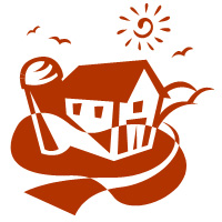 A graphic of a red and white barn on a farm