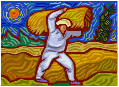 A Picasso-stylized graphic of a farmer carrying a bale of hay on his shoulder in a field.